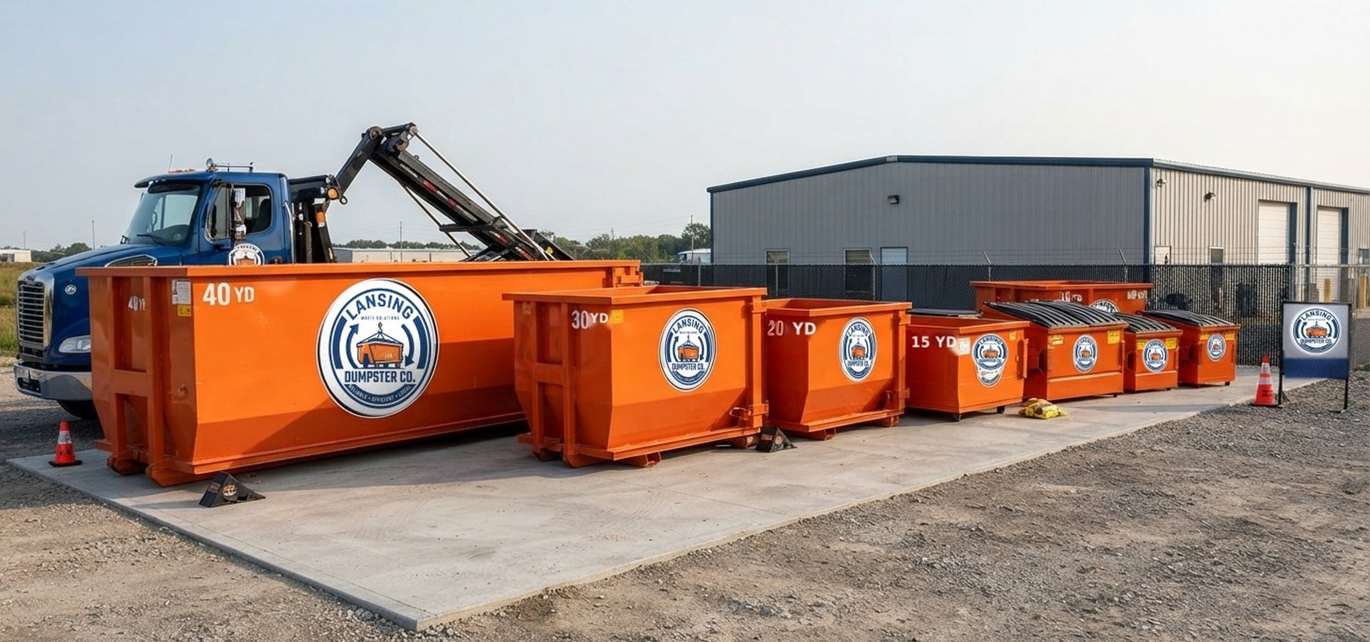 Lansing Dumpster Co yard with roll-off dumpsters and delivery trucks