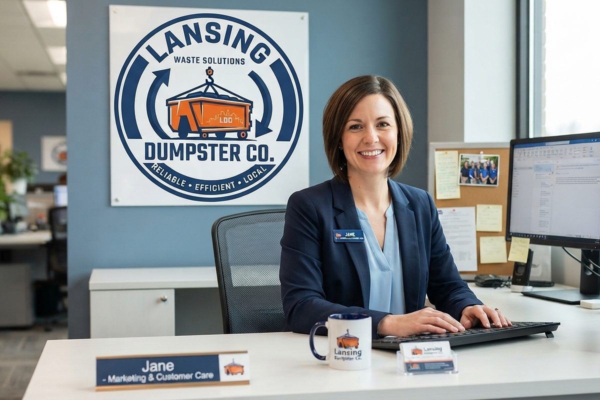 Jane at the Lansing Dumpster Co front desk on South Larch Street
