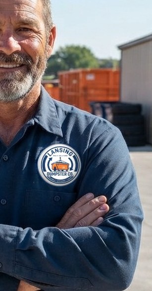 Paul, Lansing Dumpster Co operations director, in front of company trucks