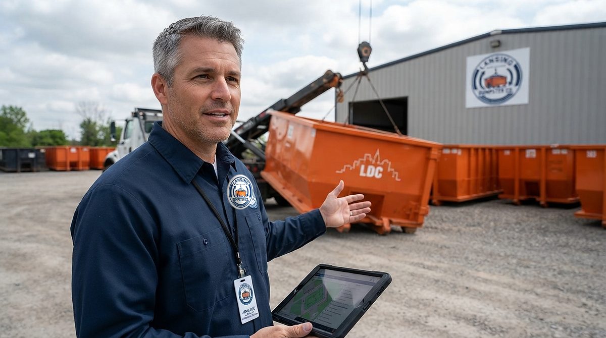 John, Lansing Dumpster Co yard supervisor, beside a roll-off container