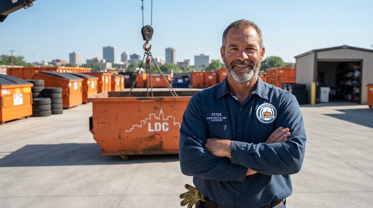Peter of Lansing Dumpster Co in front of a roll-off container at the South Larch Street yard