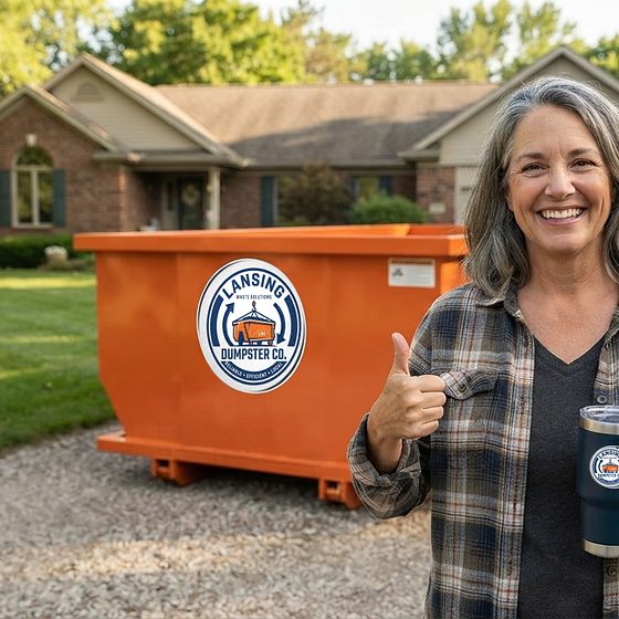 A Lansing homeowner beside her Lansing Dumpster Co roll-off container on the driveway