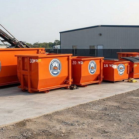 Lansing Dumpster Co roll-off containers labelled by size at the yard