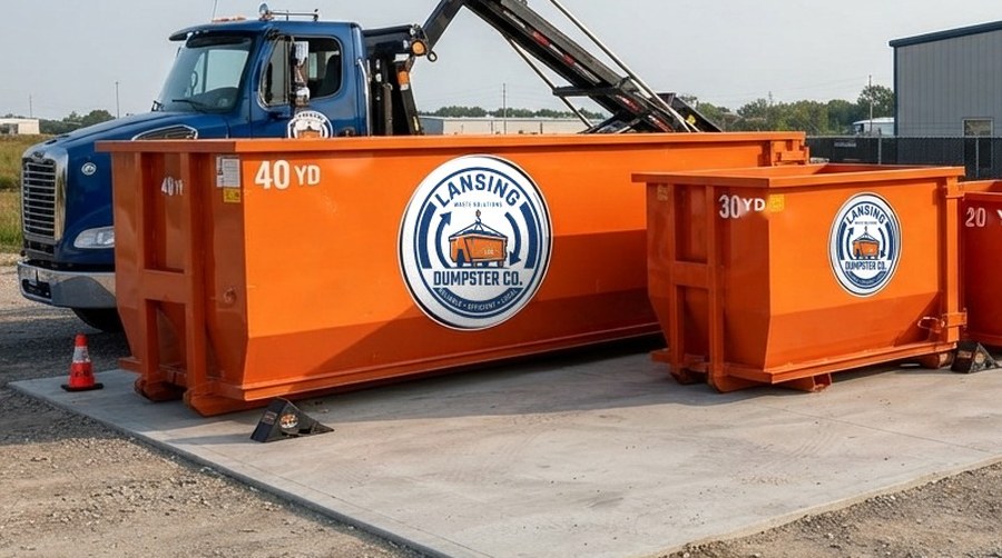 Lansing Dumpster Co roll-off dumpster at a commercial construction site
