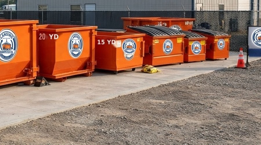 Lansing Dumpster Co roll-off dumpster staged at a loading dock