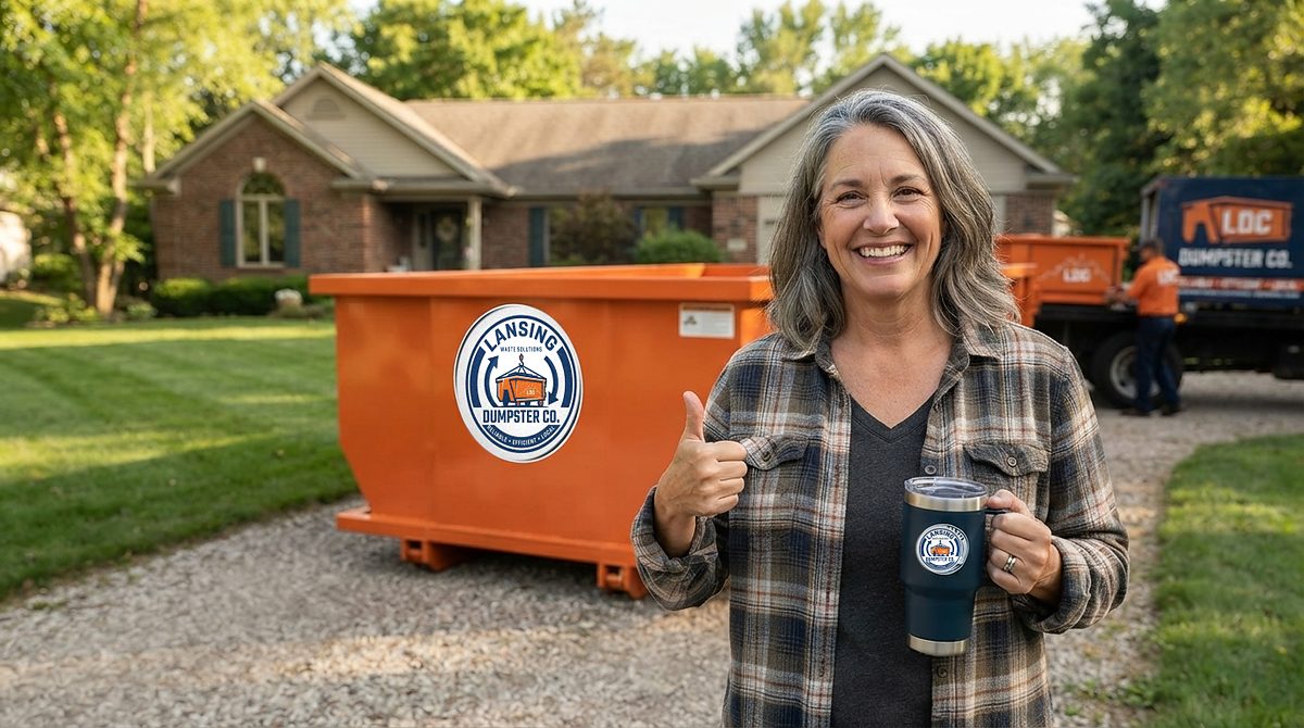 Lansing Dumpster Co roll-off container delivered to a driveway in the Haslett area