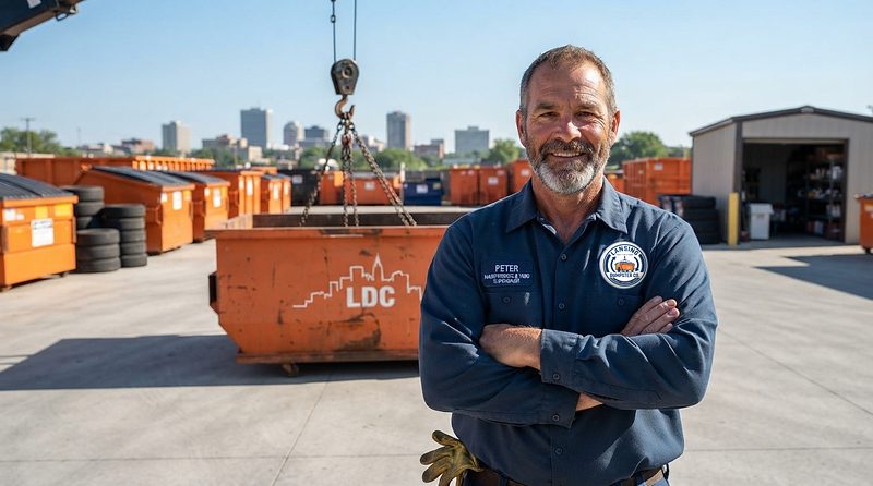 Peter of Lansing Dumpster Co with a roll-off container at the South Larch Street yard