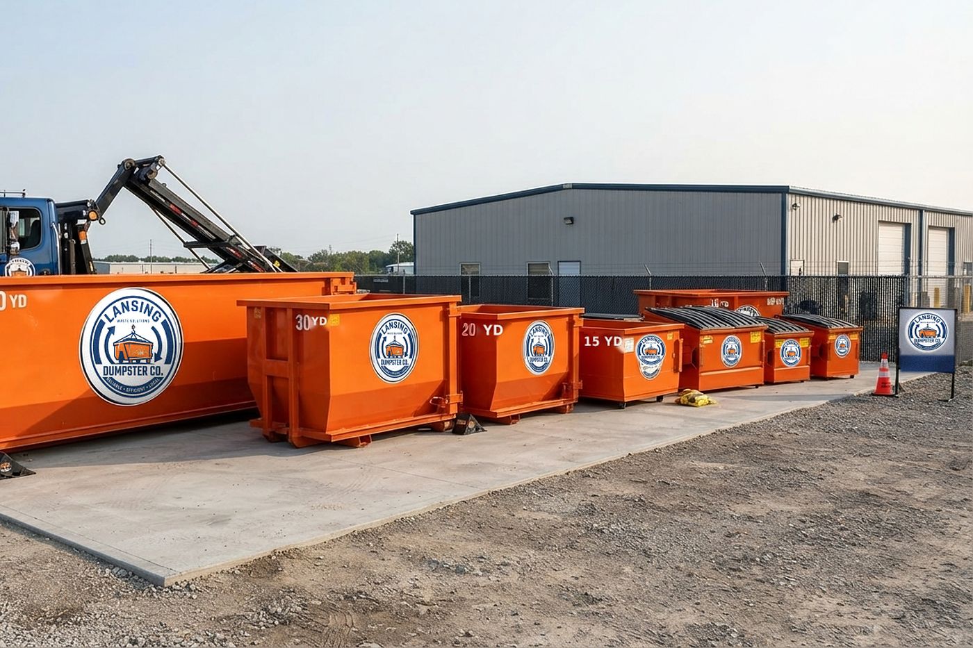 Lansing Dumpster Co roll-off containers of every size lined up at the South Larch Street yard