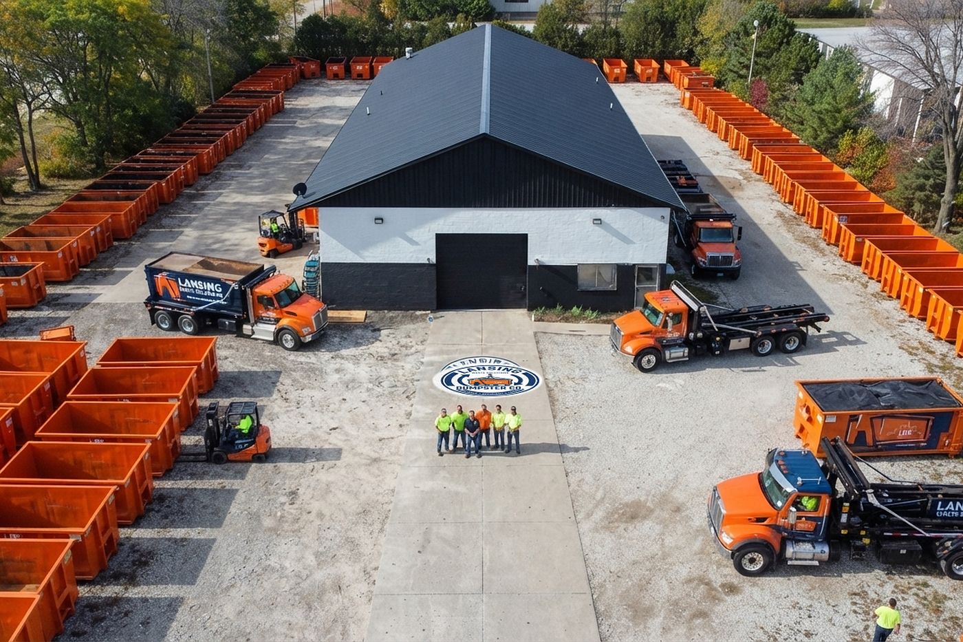 The Lansing Dumpster Co yard from above, with the trucks, containers and crew