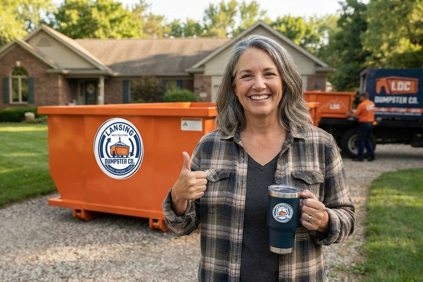 A Lansing homeowner giving a thumbs-up beside her freshly delivered roll-off container