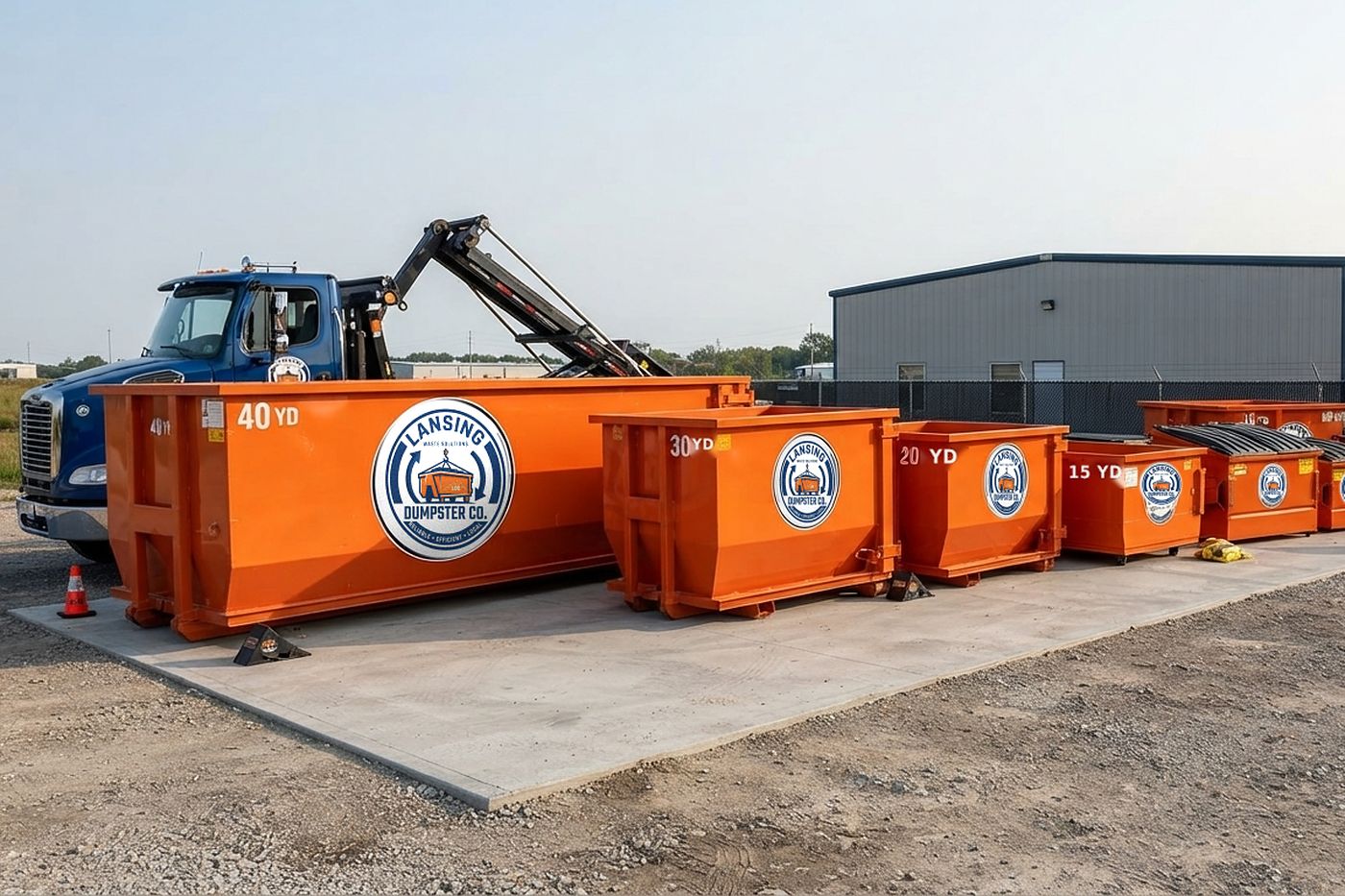 Lansing Dumpster Co roll-off containers at the yard