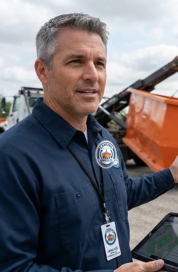 John, Lansing Dumpster Co yard supervisor, with a roll-off container